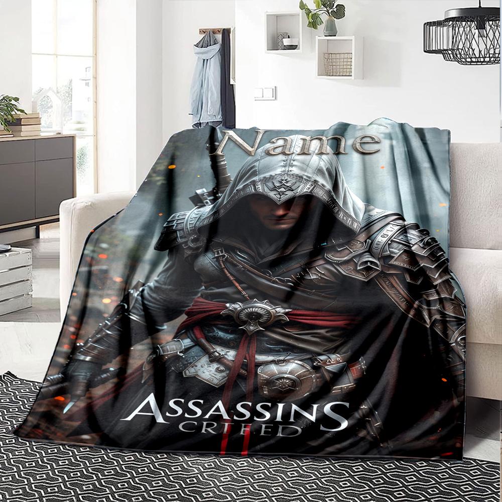 Koc z nadrukiem w stylu Assassin's Creed z imieniem na zamówienie Idealny na kanapę, łóżko, podróże, do użytku na zewnątrz Można prać w pralce Przytulny Trwały