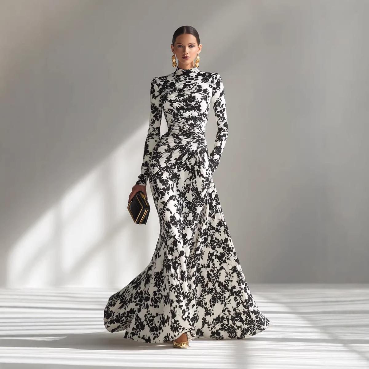 

Модне Жіноче Плаття 2026 року з Довгим Рукавом, Принтоване, Плісироване - Формальний Стиль Весна/Осінь L чорний