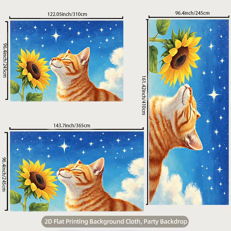 2D Cozy Cat and Sunflower with Starry Sky Live Stream Background Cloth for Vlog