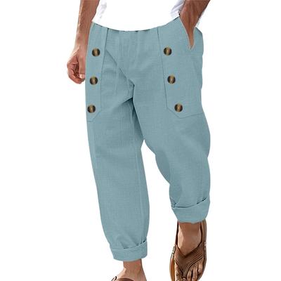 Fashion Men's Casual Trousers Beach Men's Casual Multi-button Cotton Linen Loose Trousers Men
