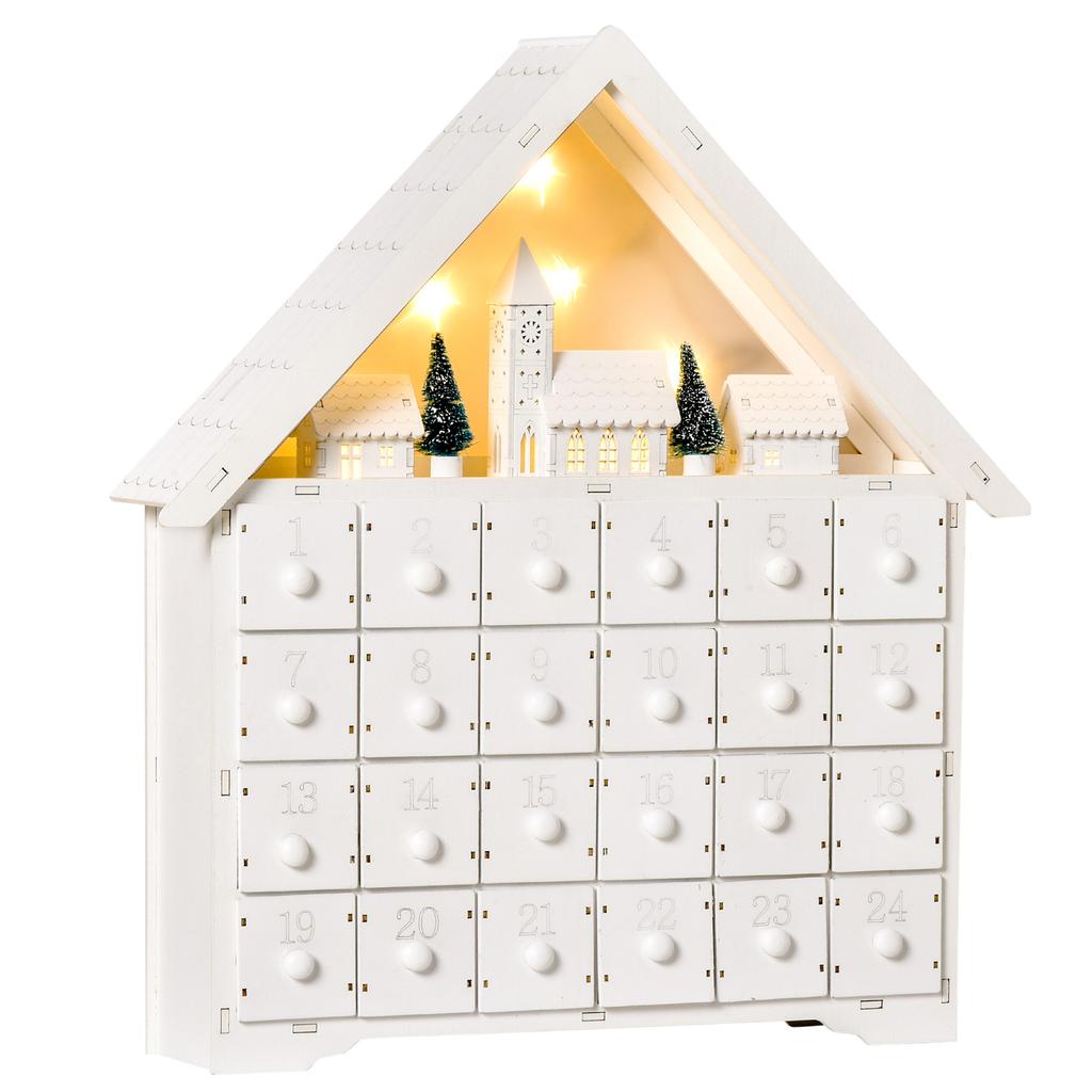 Advent calendar Christmas decoration Christmas decor, 24 drawers, LED lights, 39 cm x 9 cm x 42 cm, white + green