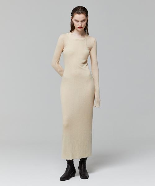 Lady Volume Cutting Halter Slim Knit Dress_Beige