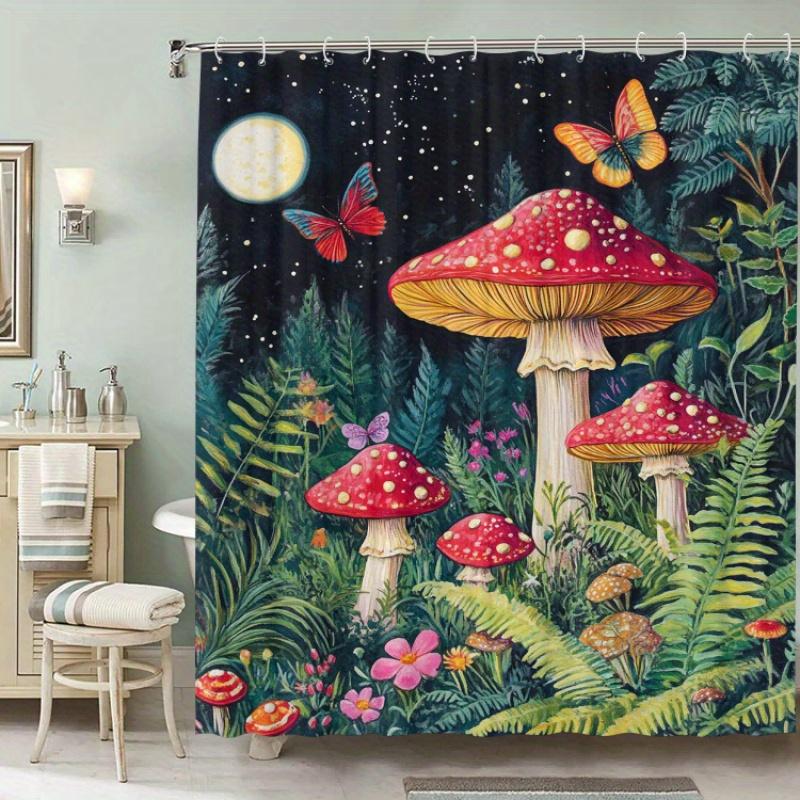 Wild Grass Mushroom Theme Shower Curtain 12 Hooks Suitable for Room Home Hotel Machine Washable Curtains Bathroom One Piece