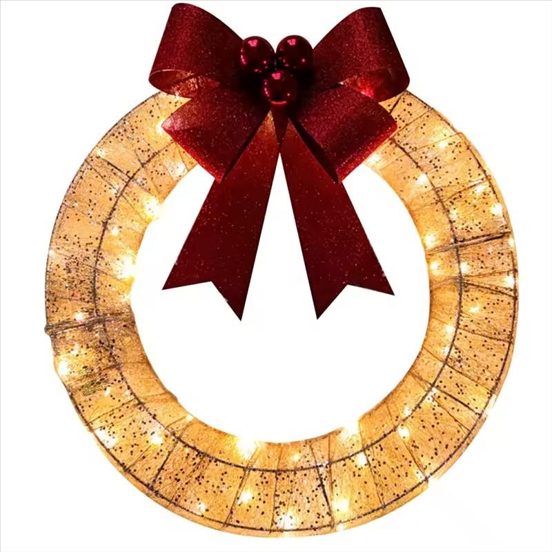 Christmas Wreath Metal Wreath LED Warm Light Christmas Decoration Removable Design Big Bow Christmas Decoration Door Hanging
