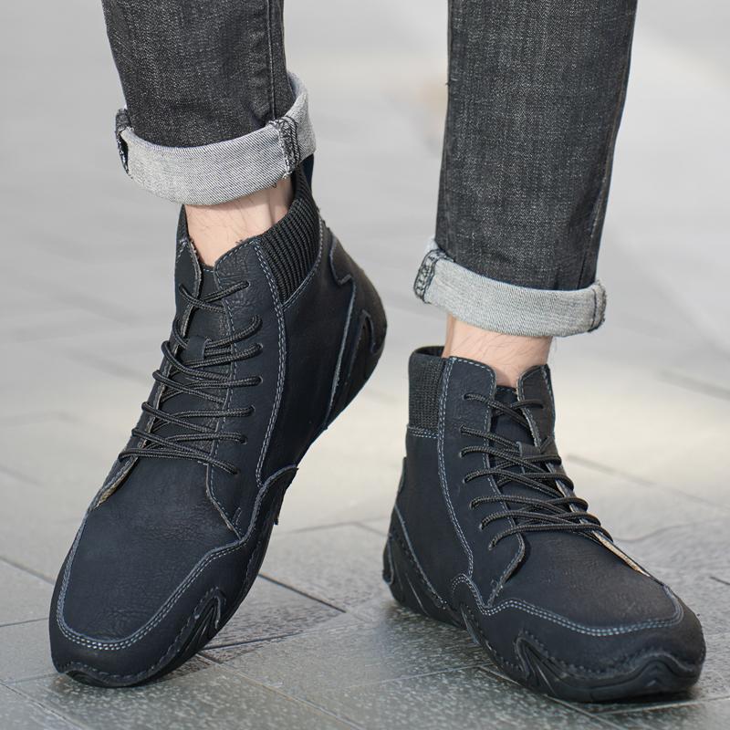 Mens Handmade Leather Casual Shoes Original Design Male Work Office Driving Sneakers Outdoor Waterproof High Top Luxury Footwear