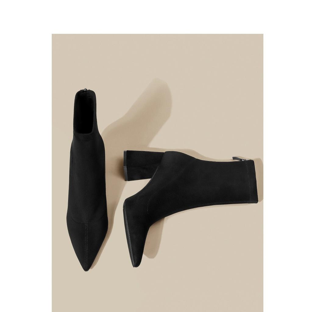 Coutgo Womens Boots Low Heel Pointed Toe Elastic Dressy Fall Winter Booties Shoes