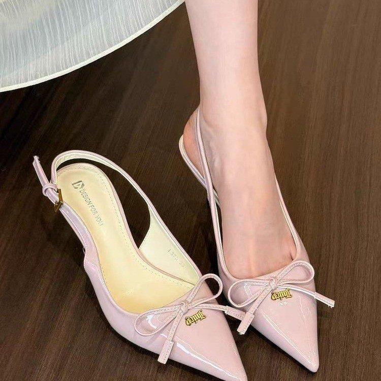 Mori women niche single shoes 2025 spring and summer new red bow pointed high heels simple empty bag head sandals