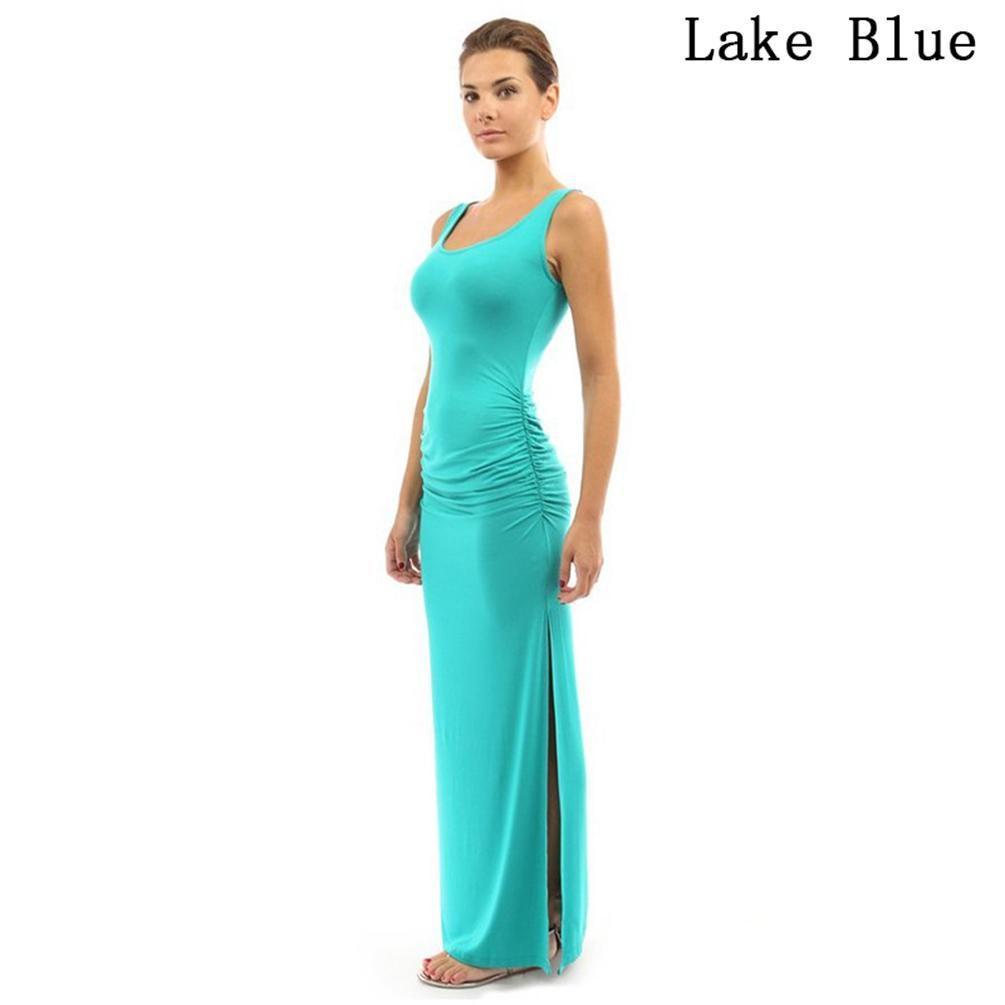 Elegant Summer Women Round Neck Slim Pleated Skirt Long Dress Sleeveless Split Swing