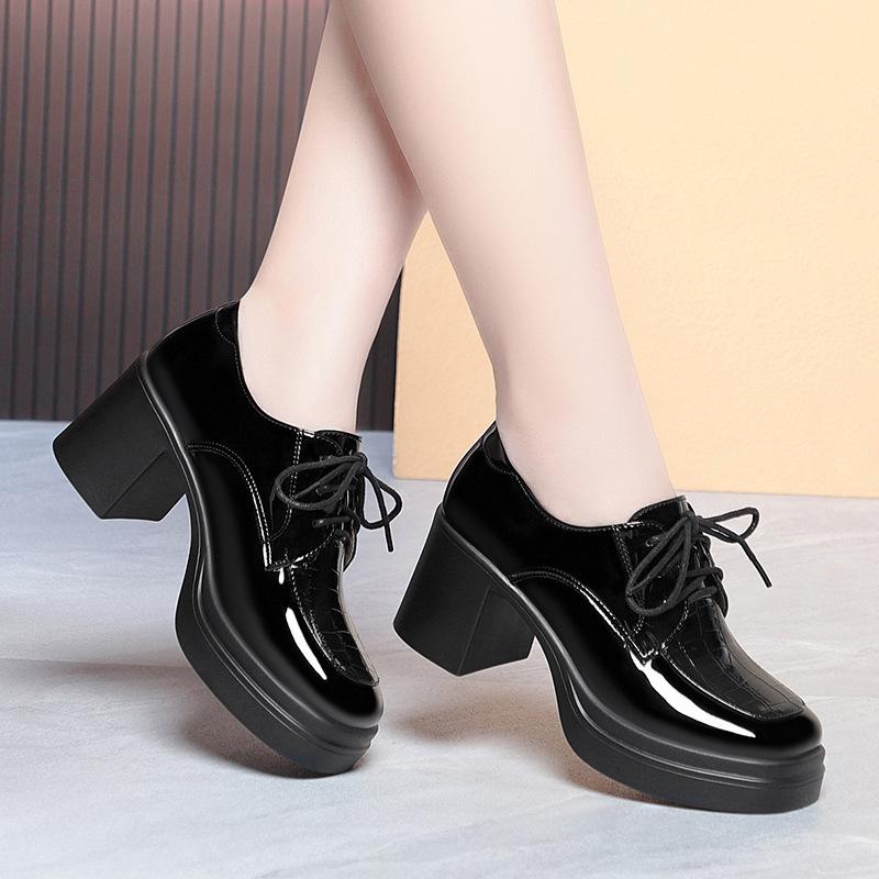 

Lace-up Loafers, Spring and Autumn Leather Shoes, Women s Work Shoes, Chunky Heels, Platform High Heels 34 чёрный