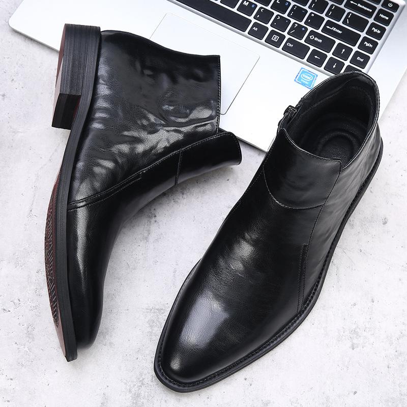 Fashion 2025 New Designer British-style Chelsea Boots for Men Solid Color Side Zipper Pointed Toe High-top Cow Leather Shoes Boots Man