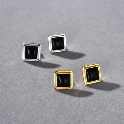 Retro Copper Plated 18K Real Gold Inlaid With Black Agate S925 Silver Needle Earrings Fashionable Commuter Must Enter Earrings