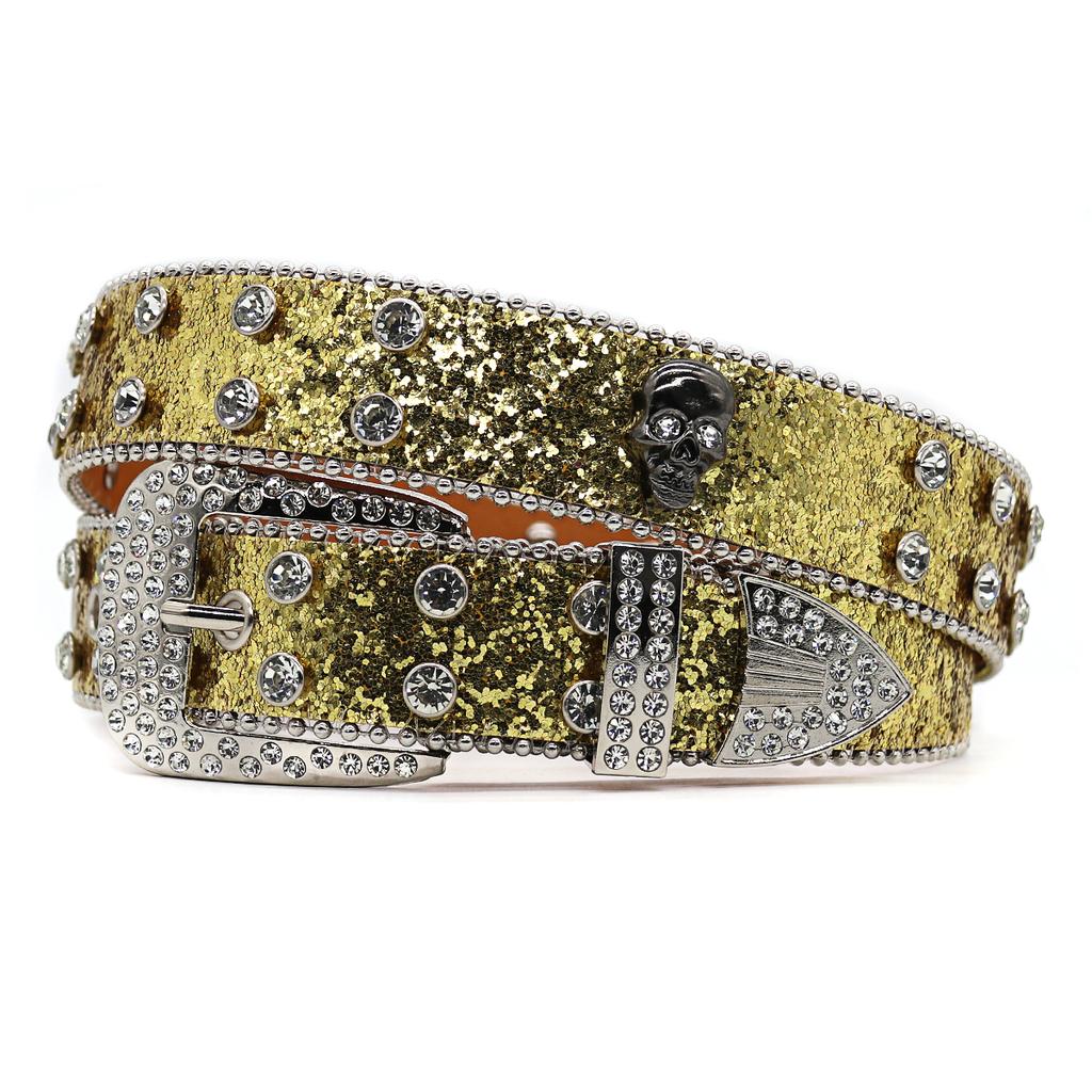 PU Leather Wide Belt Western Crystal Rhinestone Inlaid Skeleton Accessories Zinc Alloy Button Hip Hop Punk Trendy Women's 3.5cm