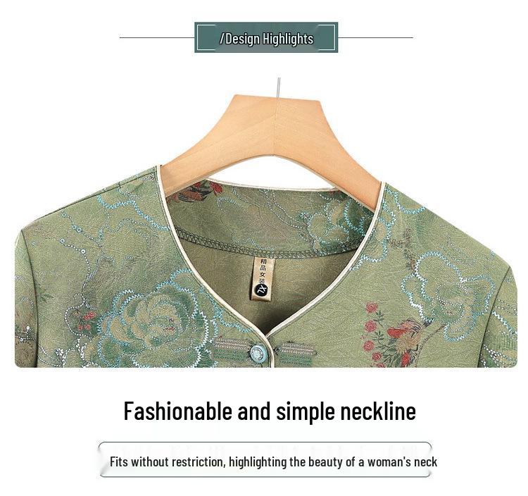 Women's Summer Clothing Set: Seven-Quarter Sleeve Top & Pants for Middle-Aged and Elderly Moms and Grandmas