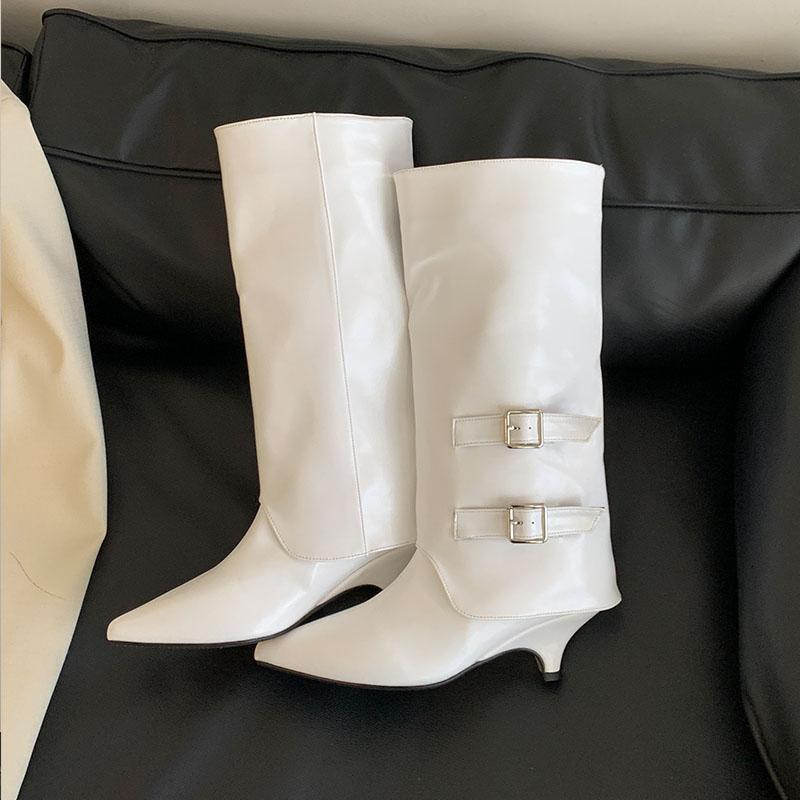 Fashion Fashion Buckle Women Knee High Boots Shoes With Low Heel Footwear Female Pointed Toe Ladies Western Boots Slip On Shoes Pumps