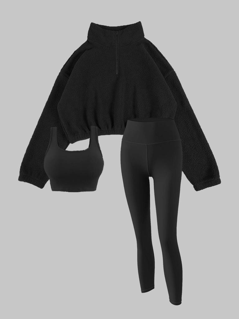 European & American Autumn/Winter Women's Fleece Three-Piece Set: High-Neck Half-Zip Sweatshirt, Vest, and Long Pants for Fitness.