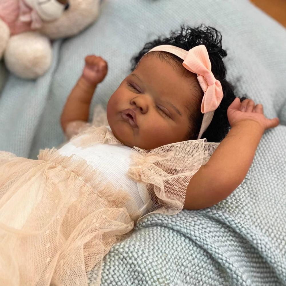 18 Inches Cloth Body Quinbee Reborn Dolls Realistic Sleeping Newborn Babies Doll with High Color Painted Dark Skin Lifelike Simulation Dolls for Kids