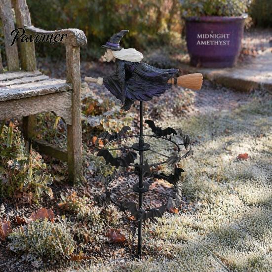 Fall Lawn Decorations Witch Garden Wind Spinner, Halloween Resin Statue Stake, Spooky Bats Themed Outdoor Decor And Spinner for Yard Art Pathway