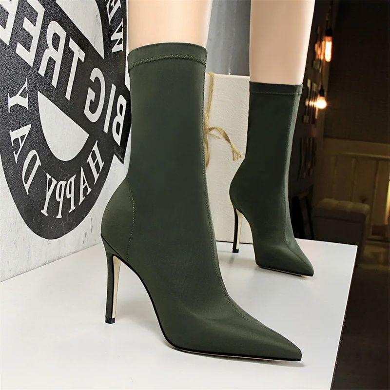 Modă Femei Botine Simple cu Glezne Vârf Ascuțit Stretch Toamnă Confortabile Elegante Stiletto Șosete Tocuri Înalte Subțiri Pantofi