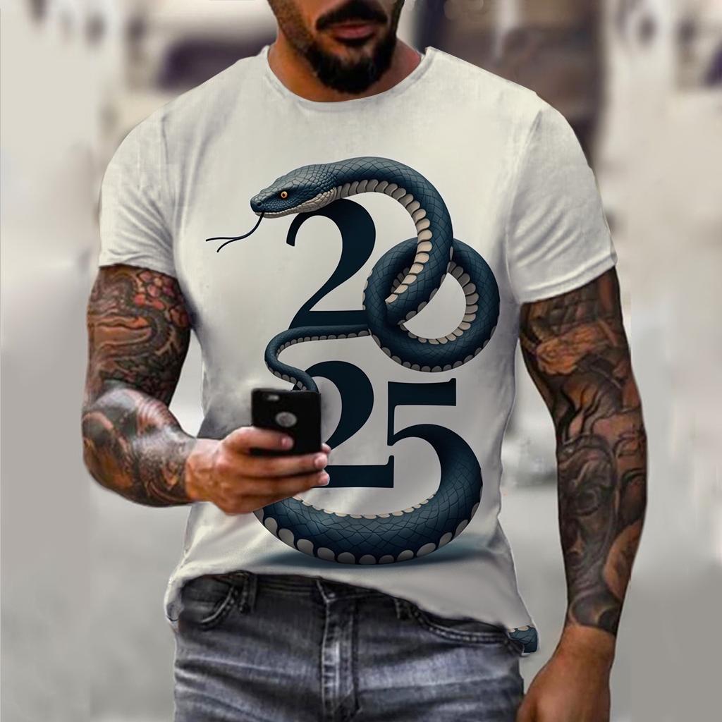 T-shirt décontracté à manches courtes pour homme imprimé 3D Année du Serpent du Nouvel An 2025 Confortable Respirant Imprimé Rétro