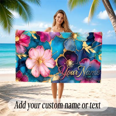 Floral Garden Theme Quick Dry Beach Towel Custom Name Text Print Large Sand Resistant Towel Beach Vacation