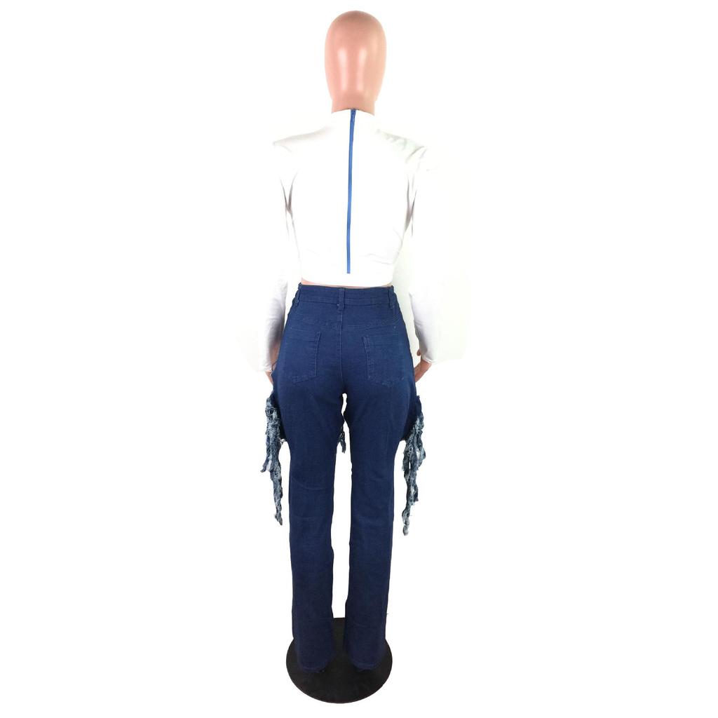 Women's Fashion Ripped Rhinestone Tassel Hip-Lifting Jeans