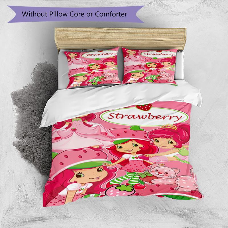 3pcs Strawberry Princess4 Design Cover Set - HD Printed Bedding with 1 Cover and 2 Pillowcases - Perfect for Home and Dorm Decor