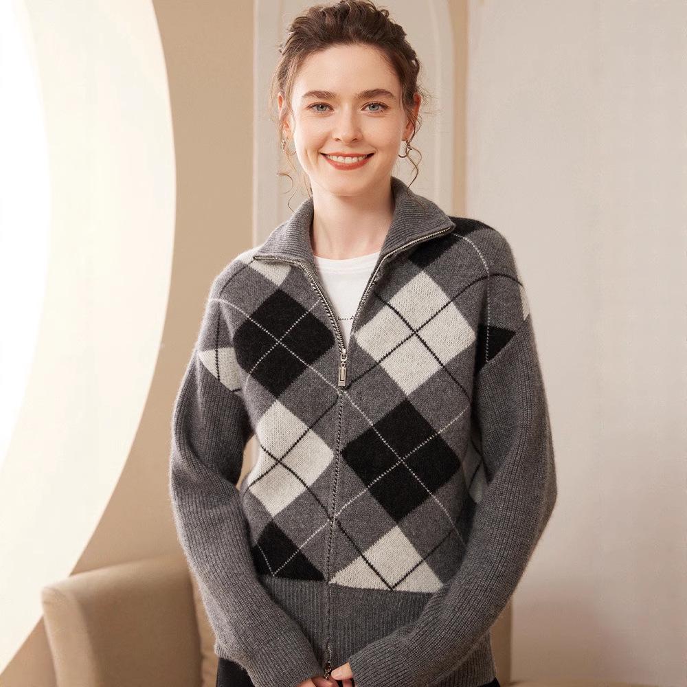 Women's Long Casual Cashmere Knit Cardigan - Diamond Zipper, Versatile, Warm, Comfortable, Soft, Loose, Thick Coat