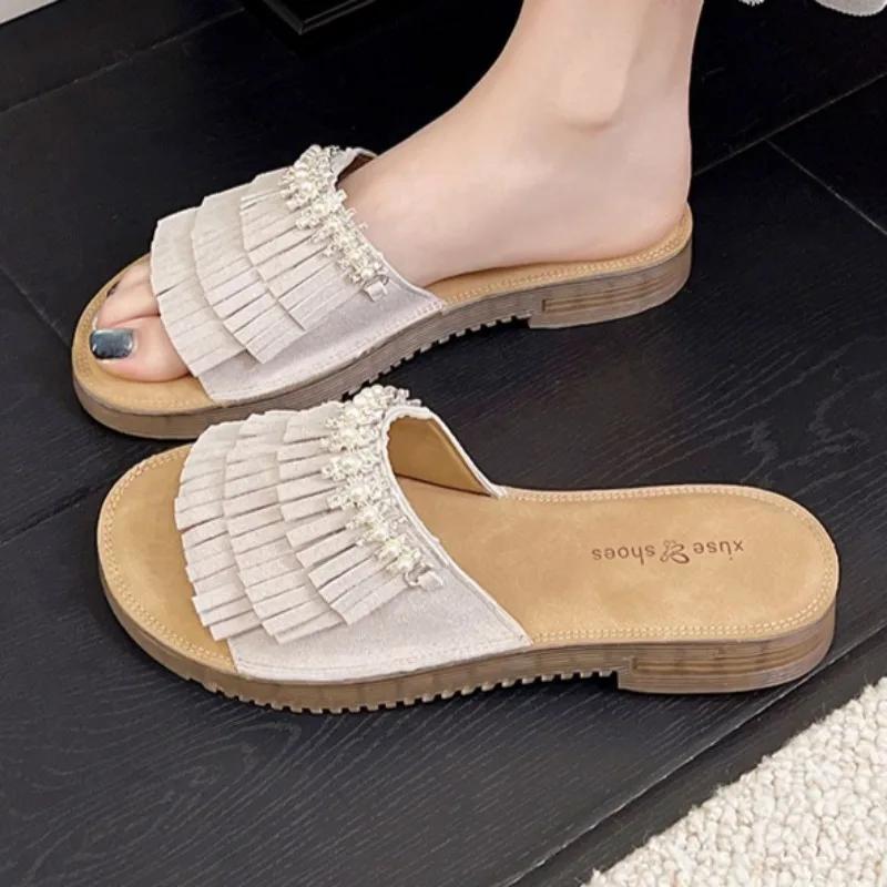 Fashion Tassels Women Flats Slippers Crystal Summer Shoes Casual New Sandals 2025 Fashion Woman Flip Flops Beach Slides Zapatillas Mujer