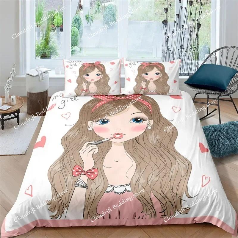 Musical Girl King Queen Duvet Cover Modern Fashion Girly Bedding Set for Kids Teens Adults Cartoon Hip Hop style Quilt Cover