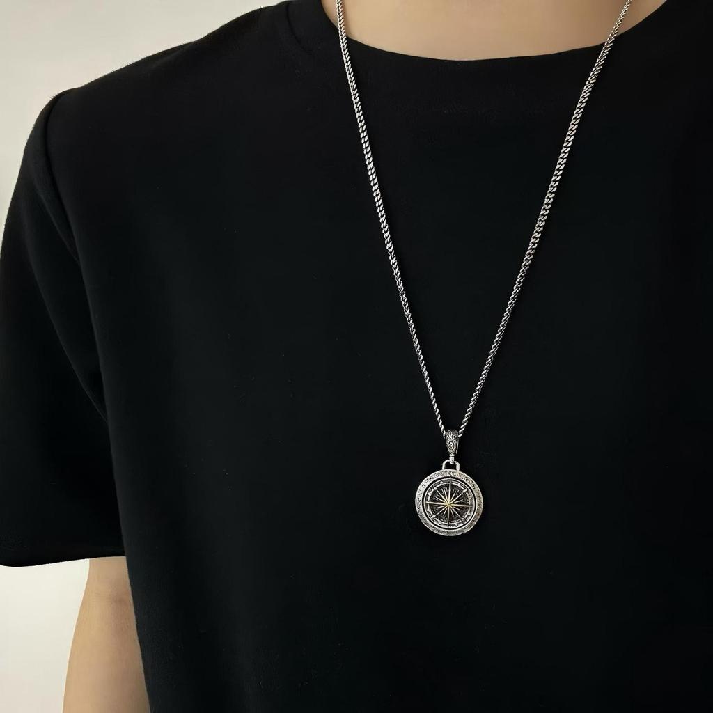 Sterling Silver Rotatable Nautical Compass Anchor Pendant - Double-Sided Arabesque Design for Men & Women