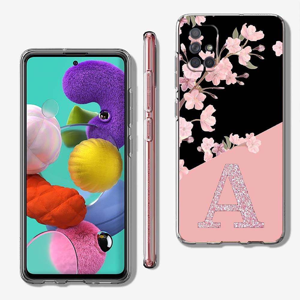 Pink Letter Flower Phone Case For Samsung A13 A33 A73 A53 A23 A51 A71 A21S A12 A31 A41 A05s A03S A15 A25 A32 5G Clear Cover