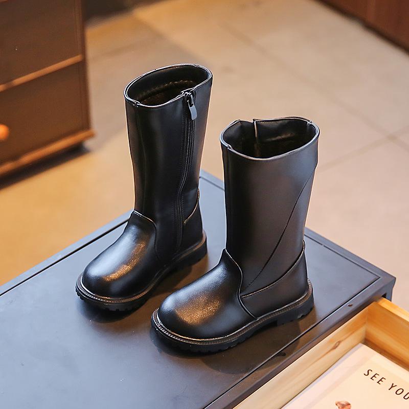 

2024 Autumn/Winter Korean Style Girls Fleece-Lined High-Top Martin Boots - Comfortable Cotton Shoes for Kids 26-30 чорний