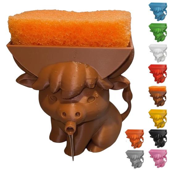 Highland Cow Sponge Holder 3D Printed with Built-In Drain Keeps Sponges Dry Cute Cow Design Fun Practical Kitchen Accessory Gift