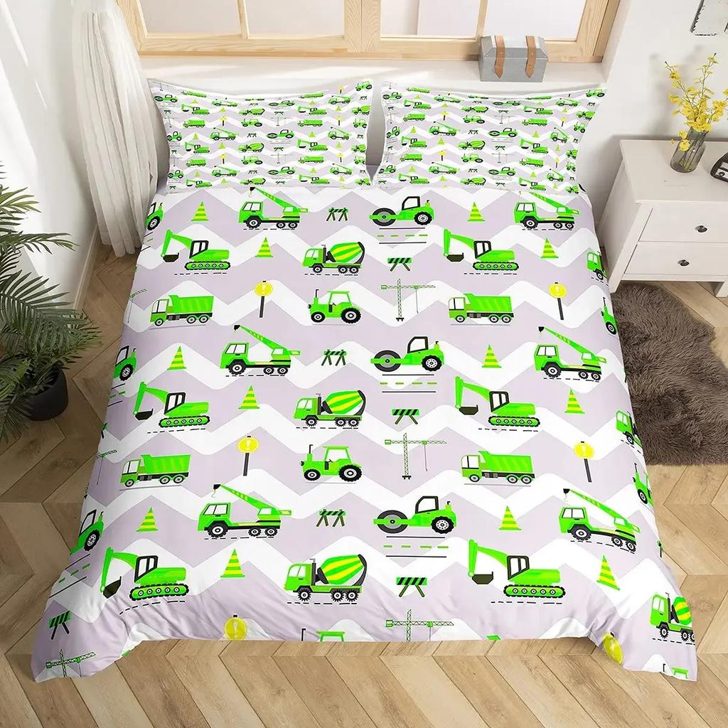Truck Excavator Soft Duvet Cover Set Quen Sized Dimensions for Children Kids Nursery Carton Tractor Enginering Vehicle Construction Theme Beding Set