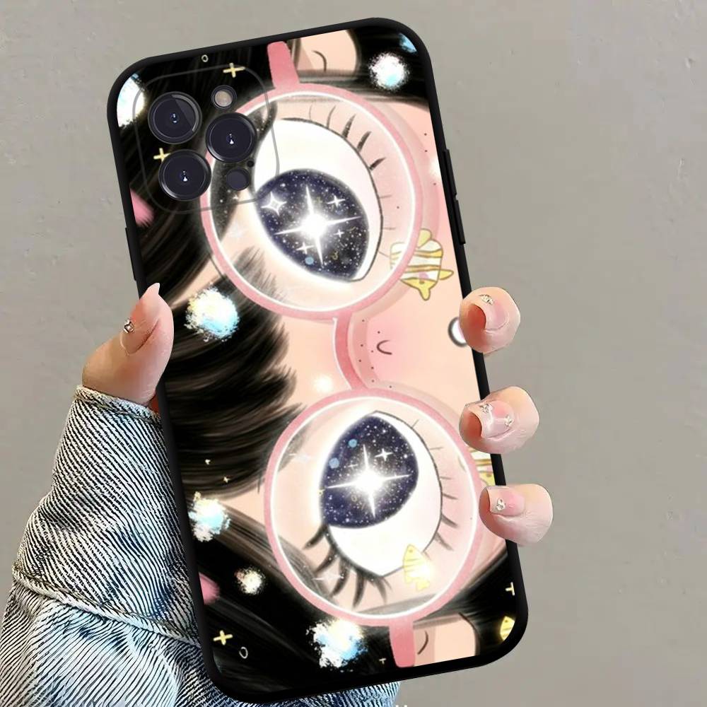 Kawaii Cute Black Big Eyes Cool Phone Case For iPhone 17 16 15 14 13 12 11 Pro Max Plus Mini Soft Silicone Black Shockproof TPU