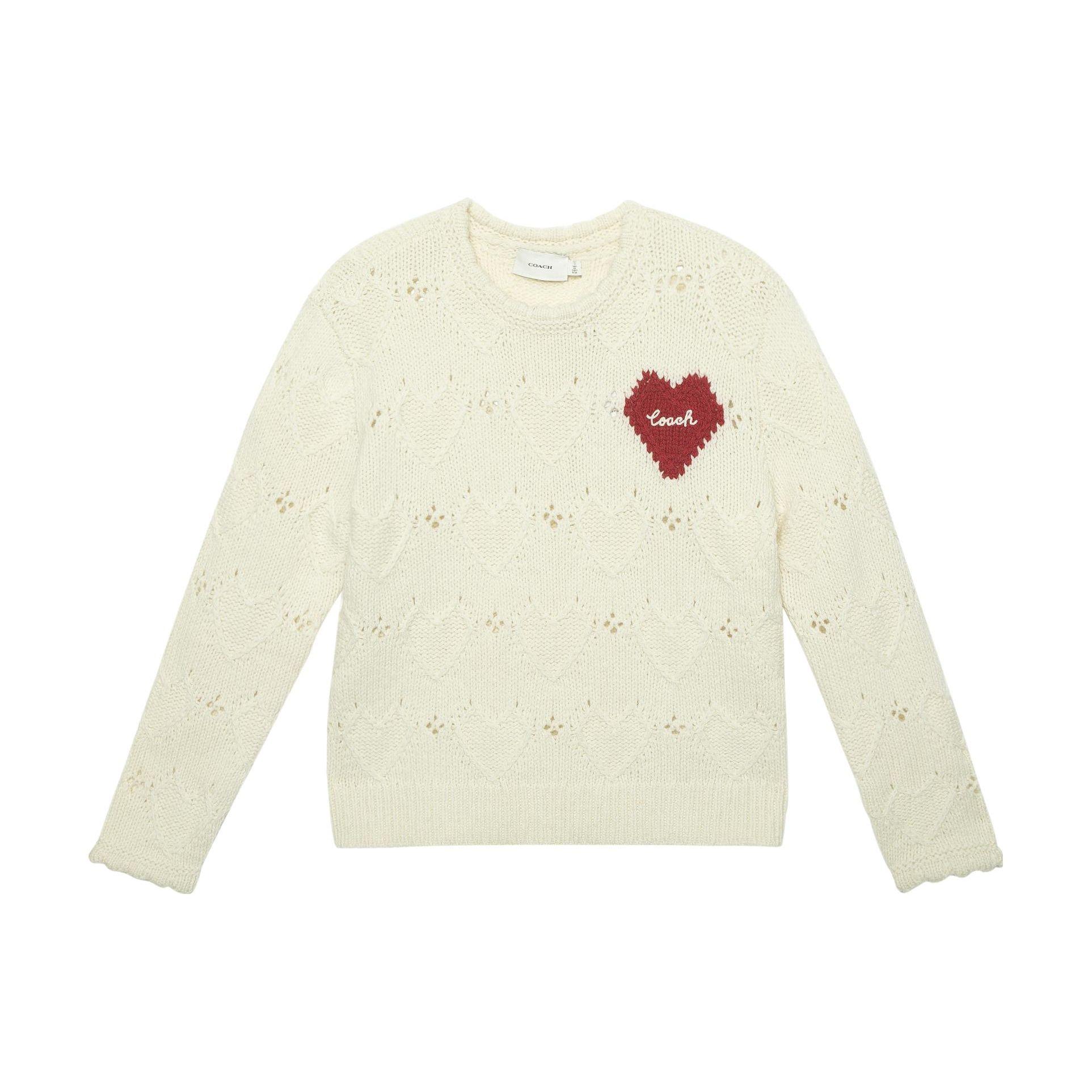 Coach FW22 Heart Pattern Hollow Round Neck Pullover Cashmere Sweater Women sweater Ivory CG616-IVO XS