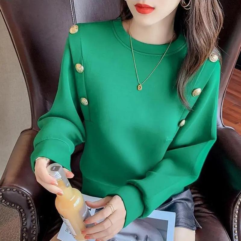 Women's Sweatshirt Autumn New Korean Style Loose Round Neck Fashion Buttoned Long-sleeved Top Hoodies