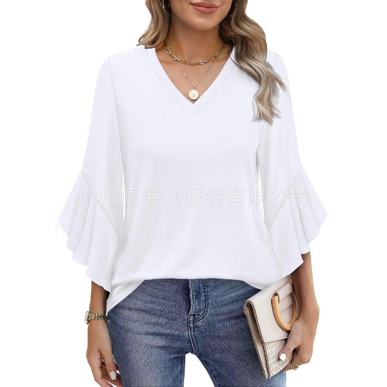 2026 Summer Solid Color Knit Printed V-Neck Ruffle Trim Three-Quarter Sleeve Loose Top S