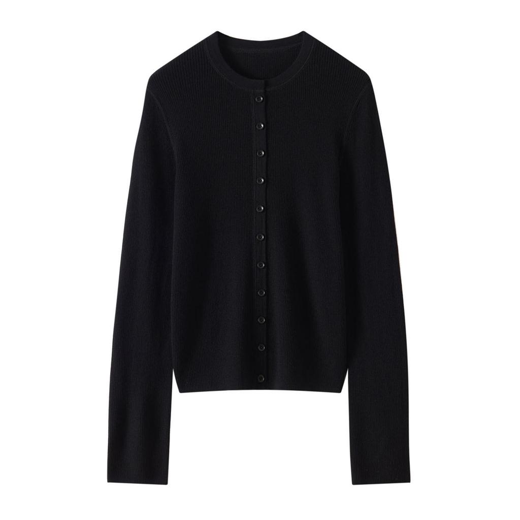 Women's 100% Fine Wool Ribbed Button-Up Cardigan, Round Neck Knitwear – Elegant & Versatile Jacket