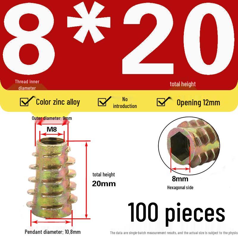Zinc Alloy Hex Self-Tapping Nut with Washer for Furniture, Internal/External Thread, Medium Wood, Sizes M4-M8.