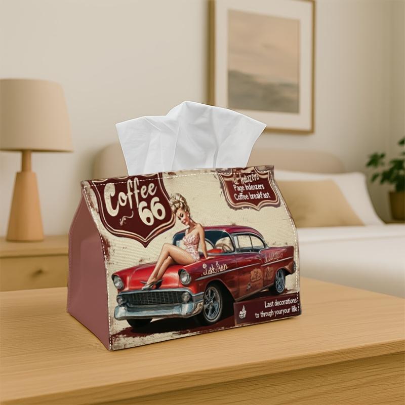 1pc Vintage Automotive Poster- Tissue Box, Red Illustration, Easy to Clean, Outdoor Party Supplies, Everyday Desktop Tissue Storage Box, Suitable For,