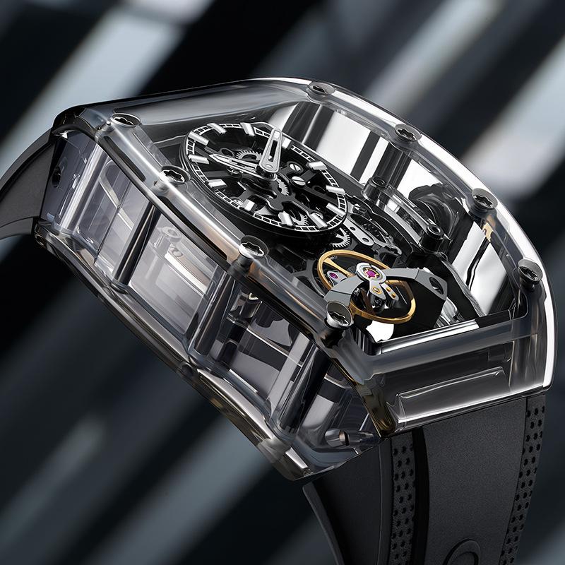 Bonest Gatti Uhren Herren-Armbanduhr, doppelt ausgehöhlt, automatische mechanische Uhr, Acryl-Tourbillon-Uhr