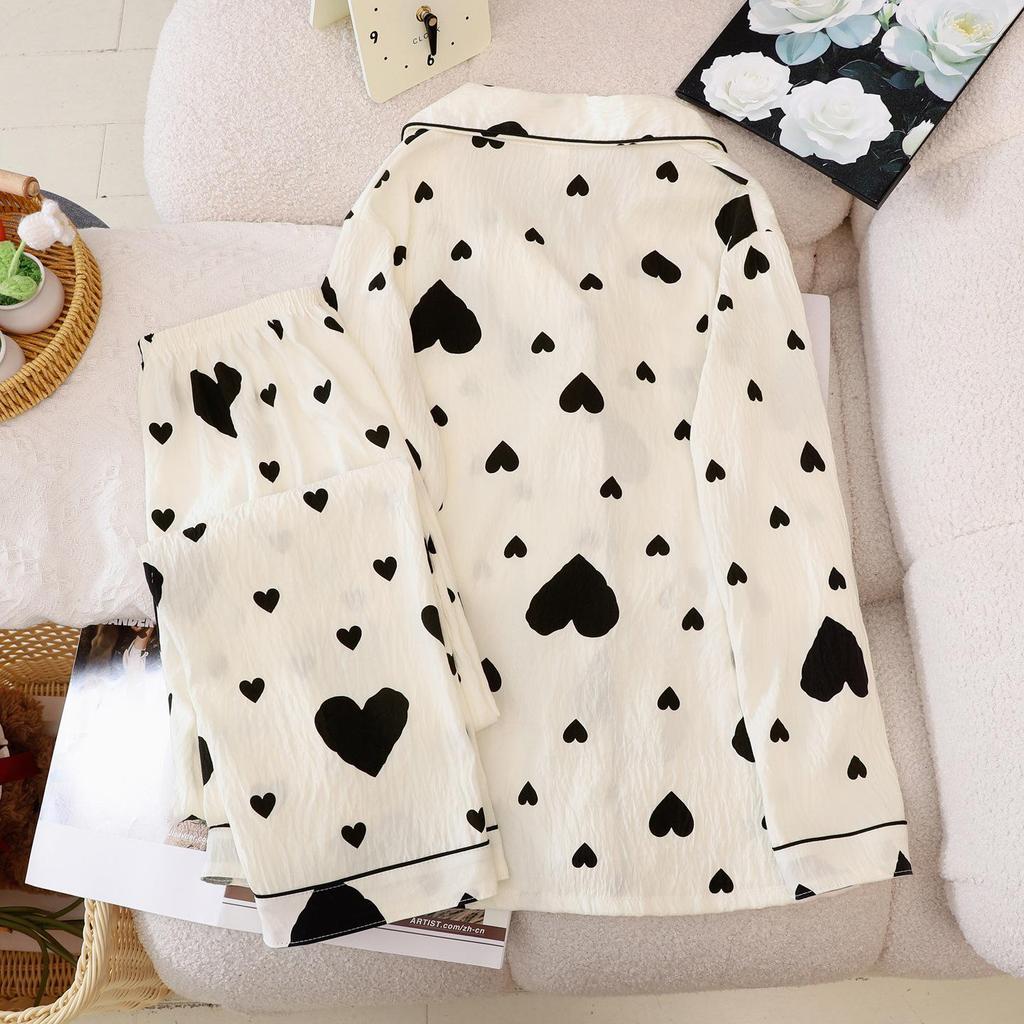 Love Heart Cloud Cotton Pajama Set: Long Sleeve, Long Pants, Turn-Down Collar Cardigan for Spring and Autumn - Multiple Styles Available
