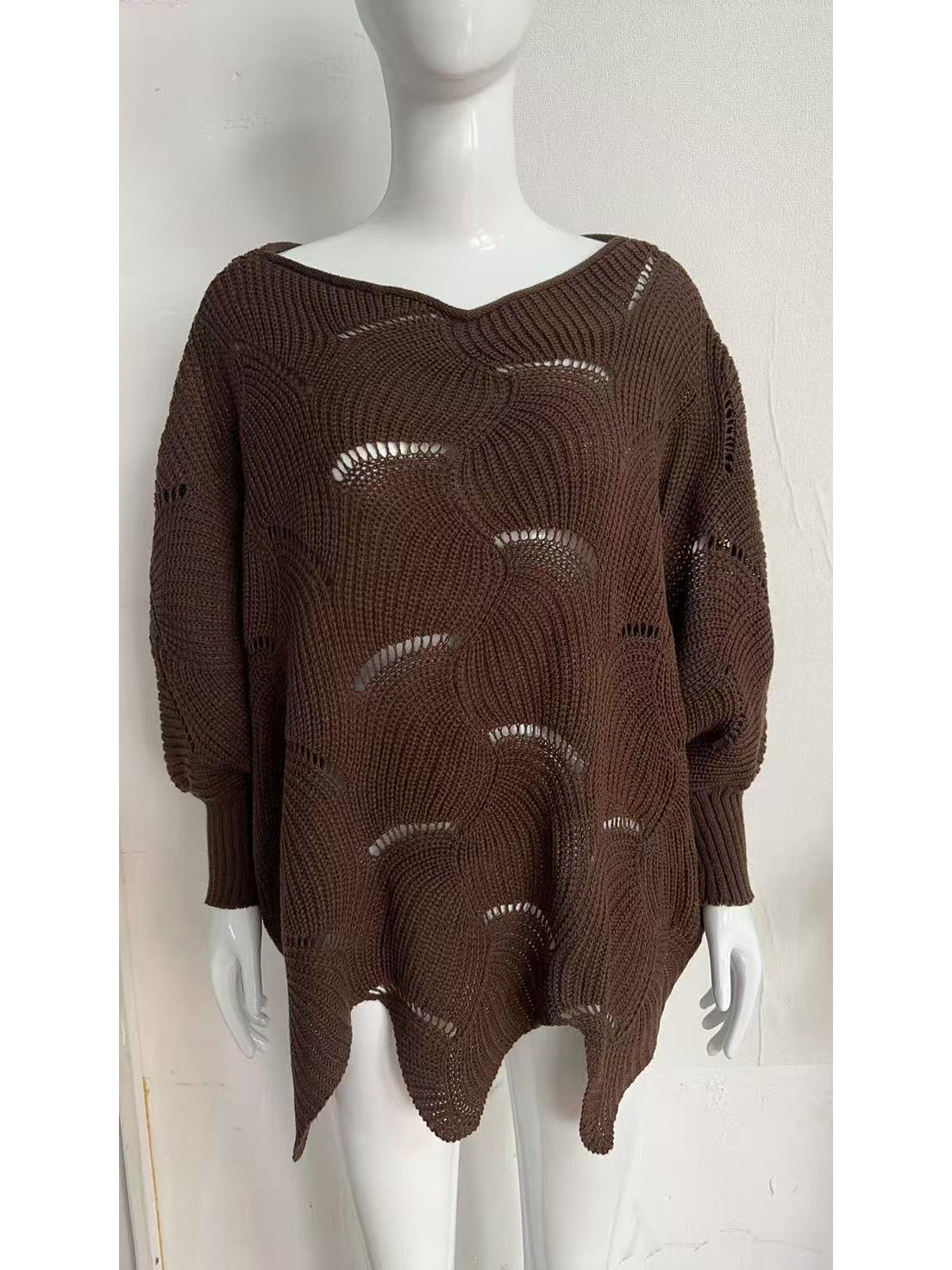 

2024 Осень/Зима Европейский и Американский Большие Размеры Женский Ажурный Крючком Свободный Трикотажный Свитер 5XL кофейный