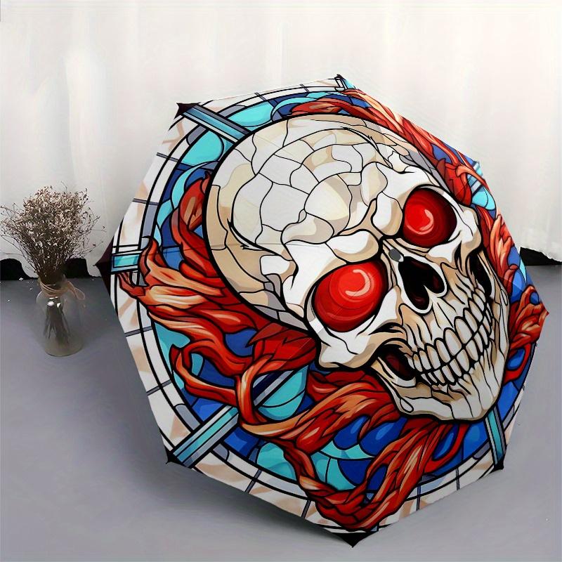 Buntes Totenkopf mit roten Flammen Dekorative Regenschirm, Tragbarer 3-fach Kompakter Regenschirm, Weihnachtsgeschenk ES643