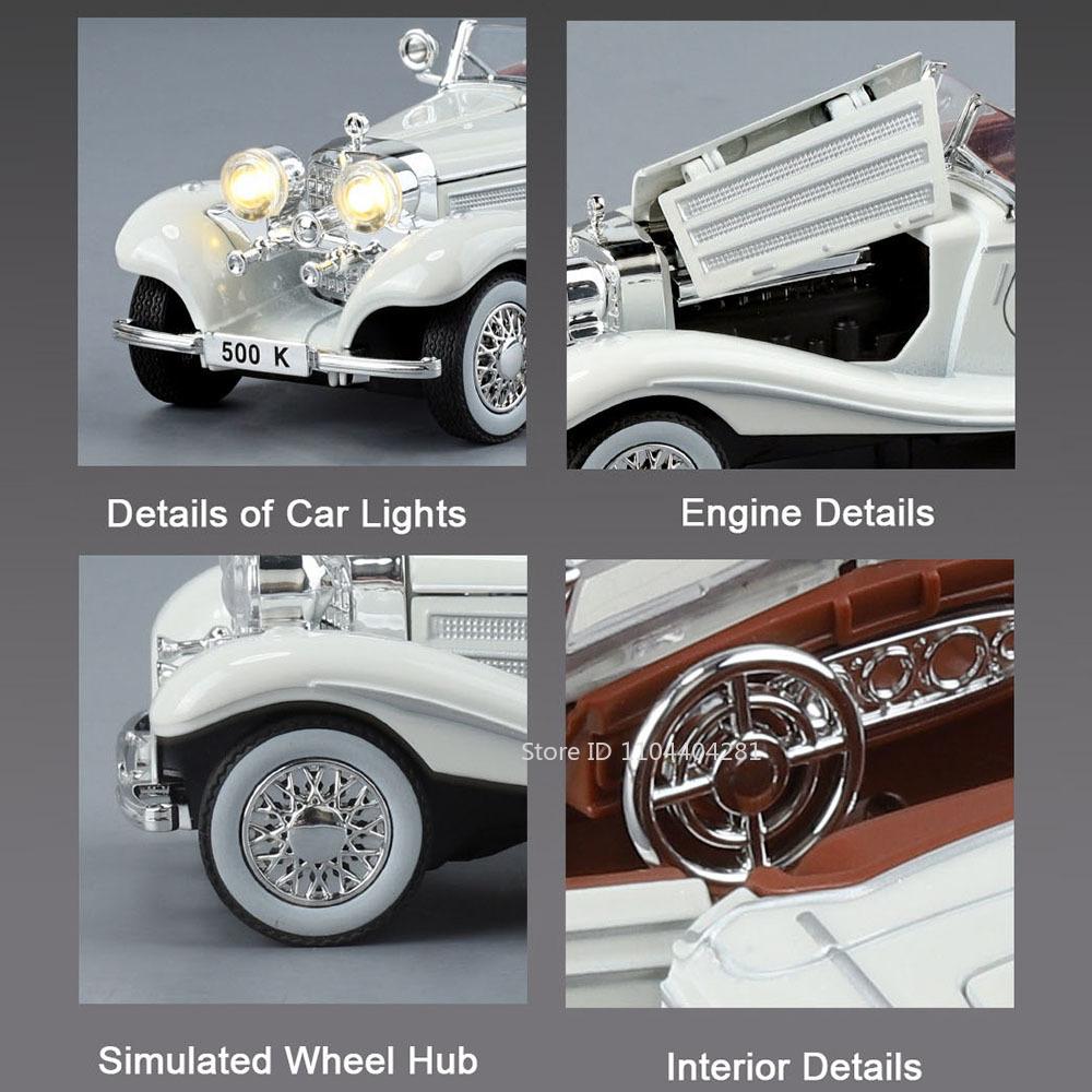 1:32 500k 300sl Model Toys Diecast Alloy Vintage Car Sound Light Pull Back Doors Opened Ornament Collectable Gift Adult Childre