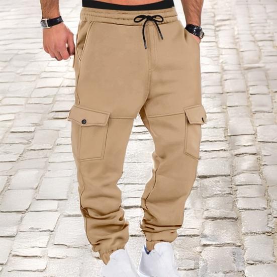 Men Winter Sweatpants Thickened Cargo Pants Warm Casual Baggy Trousers Drawstring Waist Jogger Pants for Work Street Daily Wear