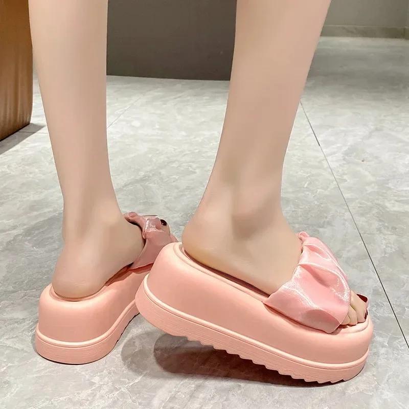 Summer Women Lace Chunky Slippers Beach Flip-Flops Wedge Heels Shoes Woman High Platform Slippers Outside Sandals 7CM Slides