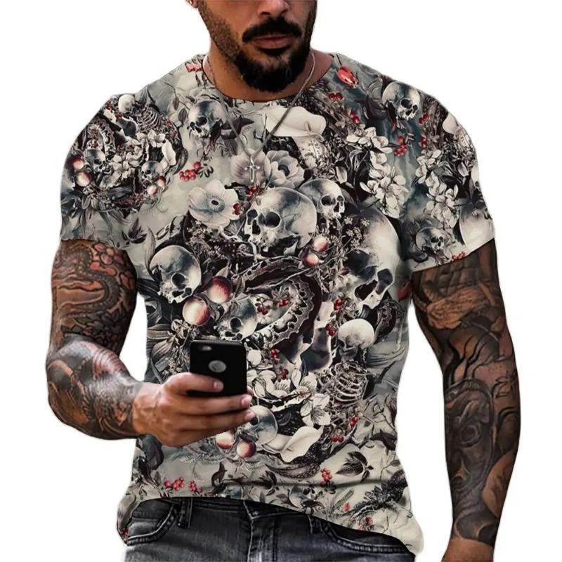 Fashion New Flowers and Skulls graphic t shirts For Men Summer Casual Trend Hip Hop streetwear Personality Printed O-neck Tees