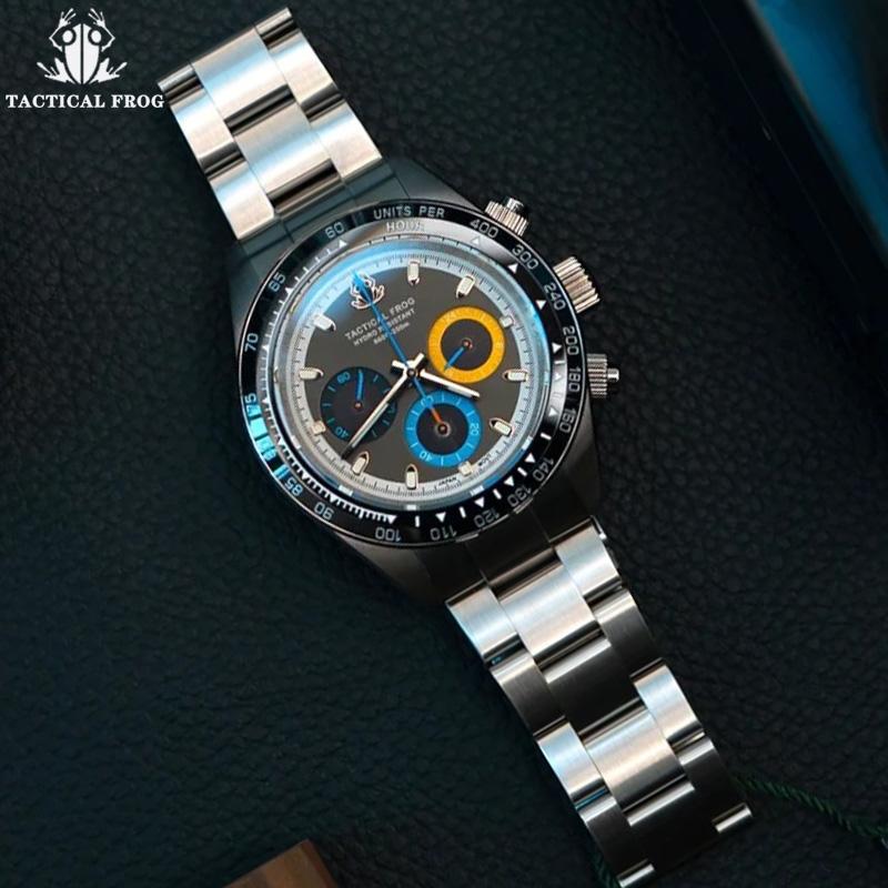 Tactical Frog 41mm Men's Chronograph Watch VS75 Solar Quartz Movement Waterproof Sapphire Green C3 Luminous Quartz Wristwatch
